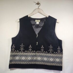 Elaine Womens Black Embroidered V-Neck Button Front Lined Vest‎ Large Boho